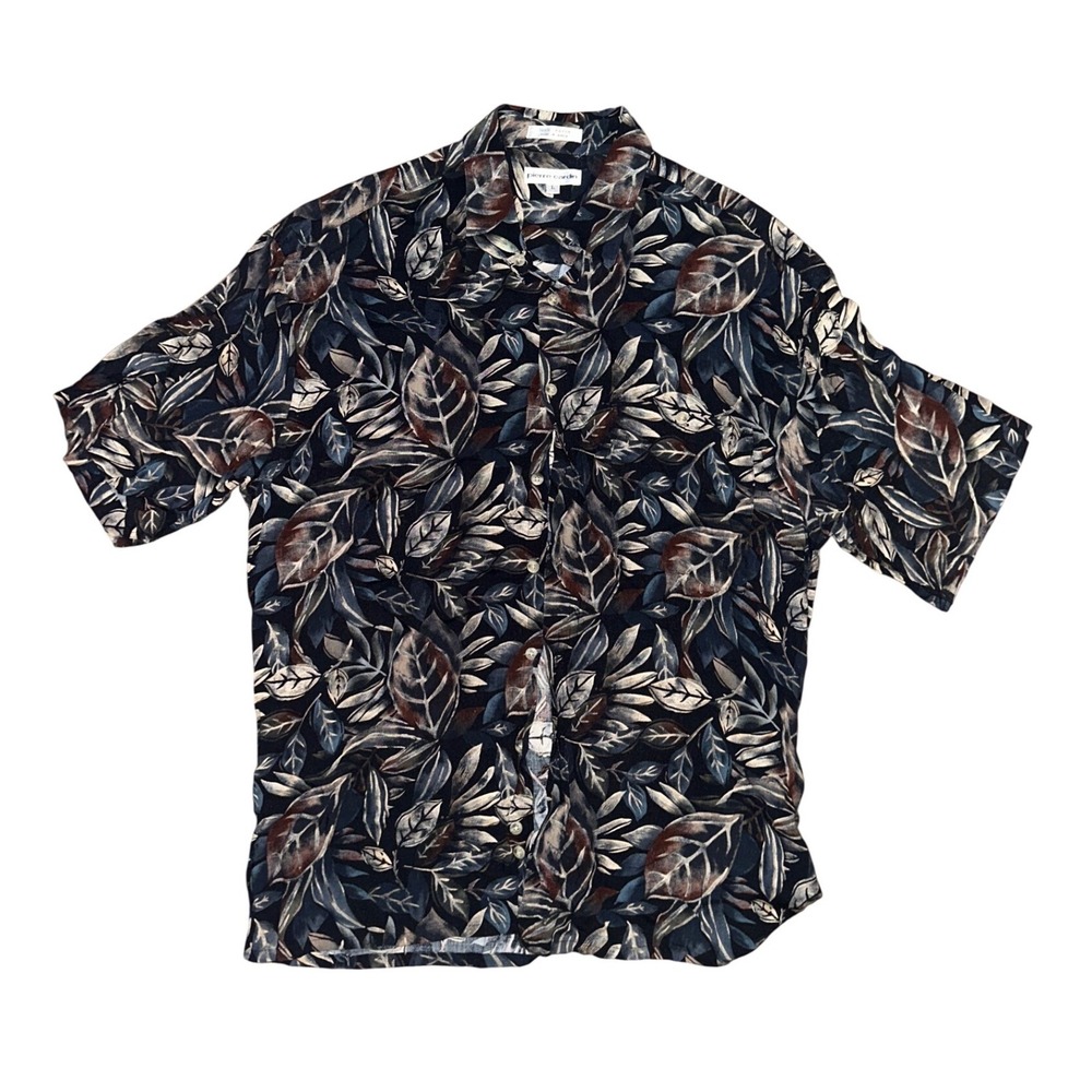 Pierre Cardin Mens Large Rayon Hawaiian Camp Shirt Leaf Print Short Sleeve Blue